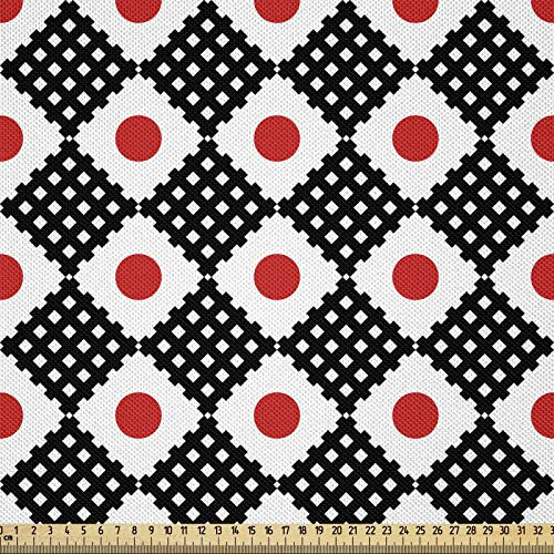 ABAKUHAUS Japonés Tela por Metro, Rejilla Rayas Y Cuadrados, Satén para Textiles del Hogar y Manualidades, 2M (148x200cm), Bermellón Negro Blanco