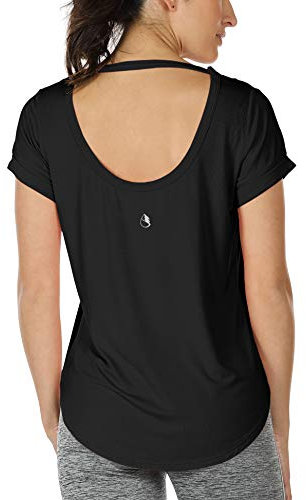 icyzone Damen Yoga T-Shirt Rückenfrei Sport Freizeit Tops Kurzarm Oberteile Loose Casual V-Ausschnitt Shirt (L, Schwarz)