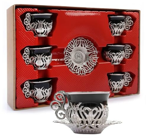 Alisveristime 12-teiliges türkisch-griechisch-arabisches Kaffee-Espressotassen-Untertassen-Set aus Porzellan (Schwarz / Silber)