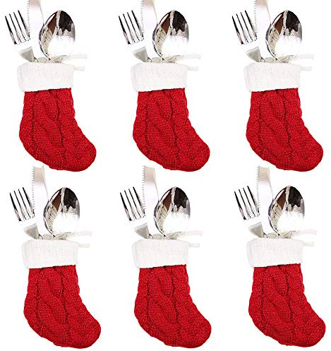 DegGod 6Pcs Christmas Tableware Silverware Holders Set, Red Knitted Christmas Stockings Knife and Fork Bags Covers for Thanksgiving New Year Party Decorations Xmas Dinner Table Decor Ornaments (Red)