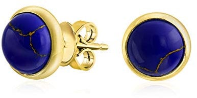 Einfache blaue synthetische blaue Lapislazuli-Fassung runde Kuppelknopf-Ohrstecker für Frauen 14K vergoldet .925 Sterlingsilber