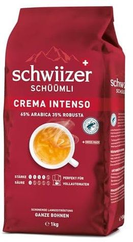 Schwiizer Schüümli Espresso, 100 percent Arabica coffee beans, strong and intense, perfected for fully automatic machines, strength 4/5, medium roast, Rainforest Alliance-certified, 1kg