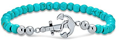 Bling Jewelry Stackable Stabilized Blue Turquoise Strand Ball Bead Stretch Nautical Rope Boat Anchor Bracelet For Women Men Silver Tone Stainless Steel