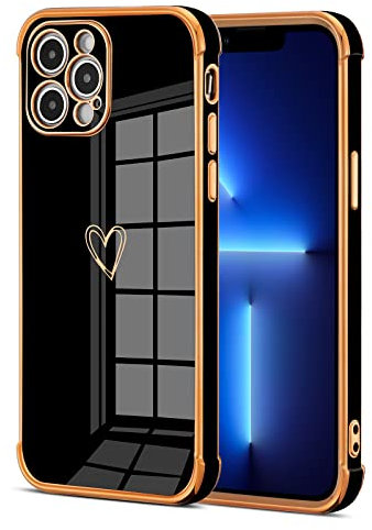 DEFBSC Case for 6.1 iPhone 13 Pro, Fashion Cute Love Heart Shape Plating Edge Silicone Case Shockproof Soft TPU Back Cover Protective Cover with Heart Pattern - Black/Heart