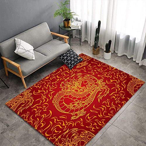 Morbuy Tapis de Salon Poils Ras, Grand Carré Moderne Tapis de Couloir, Chambre Décor Tapis Antidérapant, Tapis de Sol Imprimé Animal 3D pour Coucher Bureau Hôtel (Dragon Chinois,100x120cm)