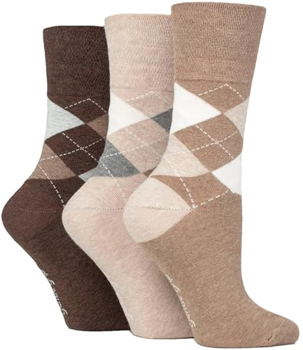 Gentle Grip Ladies 3 Pair Argyle Patterned Cotton Socks Argyle Brown/Neutral 4-8