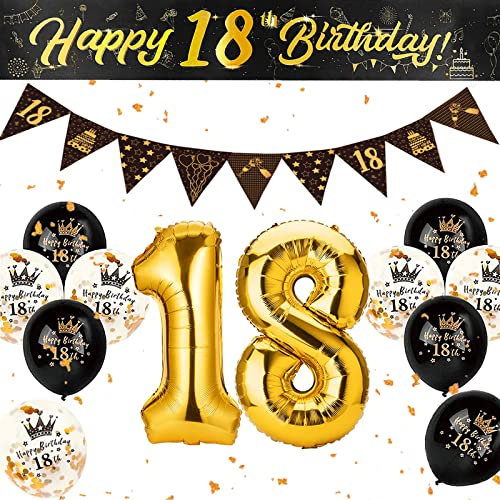 Hainue 18 Geburtstag Deko Junge Mädchen, 18. Geburtstag Junge, 18 Geburtstag Banner Schwarz Gold, Konfetti Luftballons 18 Geburtstag, Tür Deko 18. Geburtstag Hintergrund für Jungen Mädchen Party
