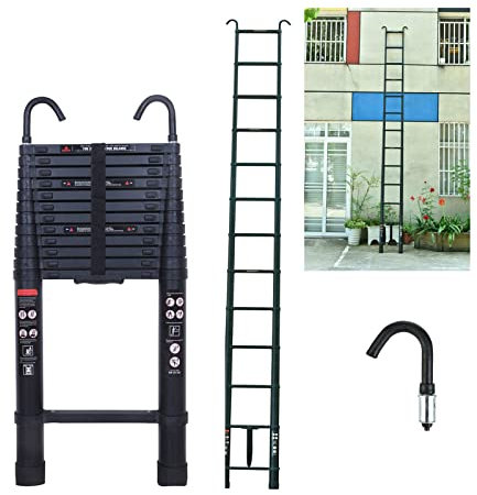 5m Teleskopleiter Mehrzweckleiter mit Abnehmbarem Haken Alu-Klappleiter Rutschfester Ausziehbare Robust Stehleiter 150 kg/330 Pfund Belastbarkeitr (Schwarz)