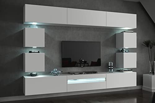 Furnitech Future C81 Wohnzimmer Wandschrank Mediawand mit Led Beleuchtung Schrankwand Wohnwand Möbel (LED RGB (16 Farben), C81-18W-M4 1B Matt), 257