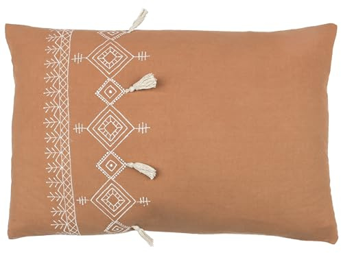 furn. Pritta Feather Filled Cushion – Bohemian Geometric Embroidered Cotton Tassel Trim Pillow (Cinnamon – 40x60cm)