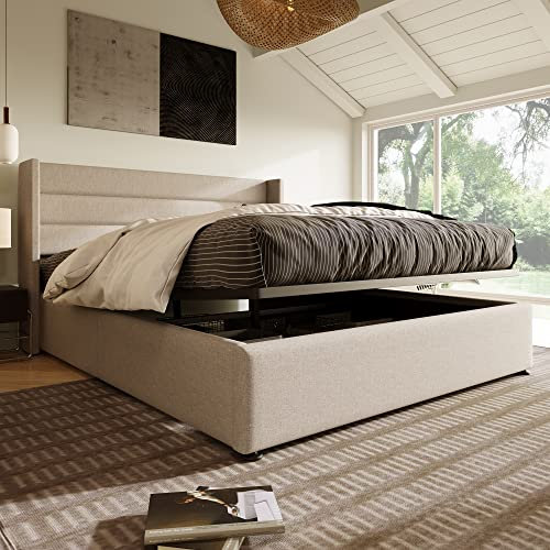 Merax Polsterbett 180 x 200cm, Hydraulisch Doppelbett mit Lattenrost & Bettkasten, Stauraumbett mit hohes Kopfteil, Metallrahmen, Leinen, für Erwachsene & Jugendliche, ohne Matratze, Beige