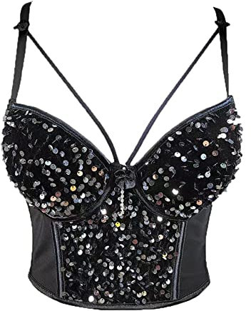 Woboren Women's Sequin Beads Bustier Crop Top Club Party Corset Top with Detachable Strap Corsage Schlanke Weste