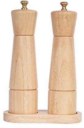DeroTeno Set de Moulin à poivre et sel avec Plateau de Moulin, moulin à sel réglable en céramique, moulin à poivre en acier inoxydable, Bois caoutchouc, Hauteur de 22 cm, Diamètre du fond de 5,5 cm