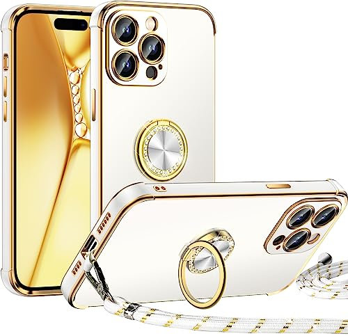 Miss Arts für iPhone 15 Pro Hülle mit Band, Ring Ständer Handyhülle Frauen Mädchen Dünn Stoßfeste Schutzhülle für iPhone 15 Pro Case Weiß