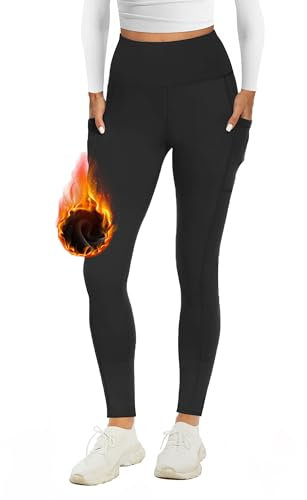AMIYOYO Thermal Leggings Women with Pockets High Waist Fleece Lined Leggings Warm Winter Fur Yoga Pants Tummy Control Trousers Soft Stretchy Tights Workout Yoga Gym Running Black