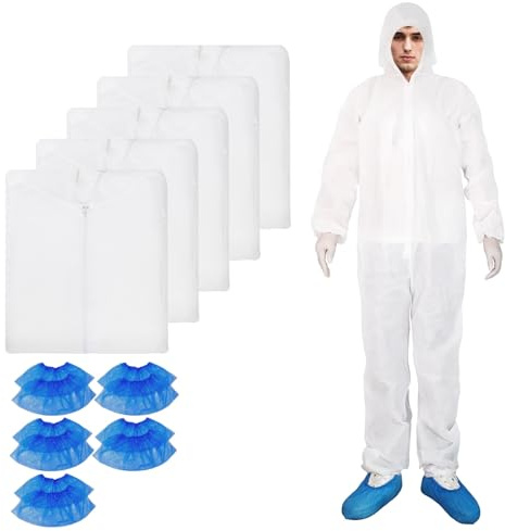 ETERNA Hazmat Lot de 5 combinaisons de protection jetables avec couvre-chaussures pour homme et femme, protection contre la saleté, la poussière, la peinture, blanc, X-Large