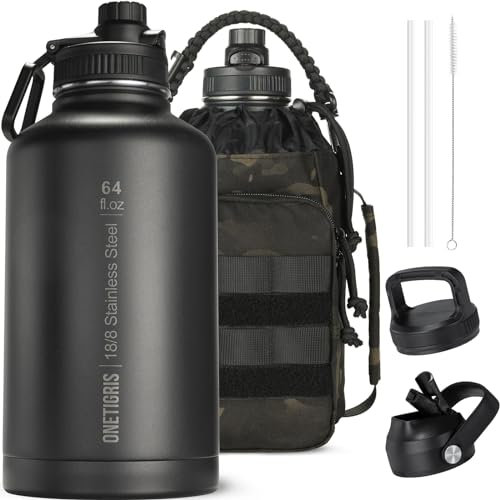 OneTigris Gourde en acier inoxydable, bouteille d'eau 2L haute capacité, bouteille de sport avec un bon effet isolant pour vélo, camping, yoga, salle de sport, airsoft, Camouflage Noir, 64OZ
