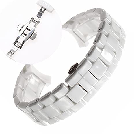 WAHRE 18mm 22mm Passend for Armani Keramikuhr AR1400 AR1410 AR1403 AR1402AR1401 Uhrenarmband Armband Gürtel Schwarz Weiß Schmetterlingsknopf(White Silver,22mm)
