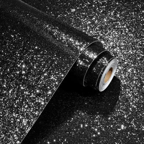 STICKEEP Black Glitter Wallpaper Stick and Peel Glitter Wallpapers 17.71x118 in