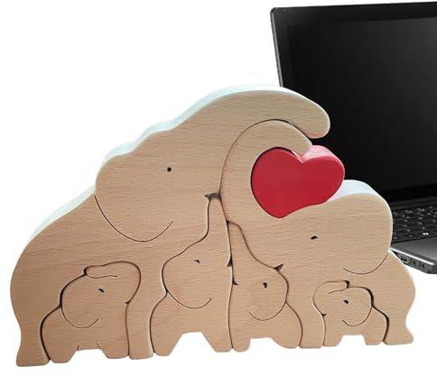 Elefantenfamilien-Ornamente Aus Holz – Elefantenfamilie | Personalisiertes Familien-Kunstpuzzle Aus Holz | Personalisierter Desktop-Ornament-Kunsttext, Herz-Kunstpuzzle Für 3–6 Familienmitgliede