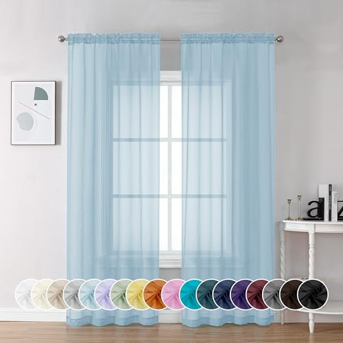 Chyhomenyc Hellblaue, durchsichtige Vorhänge, 213 cm lang, 2 Stoffbahnen, lichtfilternd, weich, luftig, Voile, Stangentaschen, durchscheinende Fenstervorhänge für Schlafzimmer und Wohnzimmer, jeweils