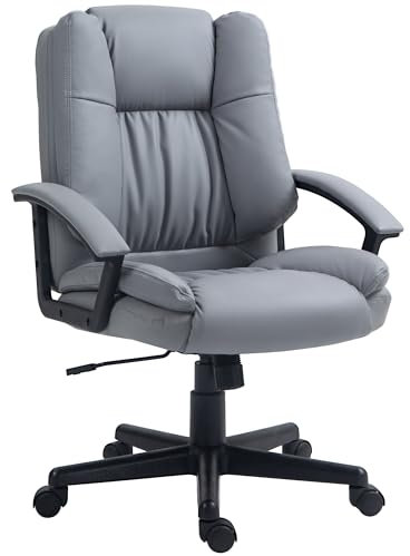 HOMCOM Office Chair, Computer Desk Chair, PU Leather Mid Back Executive Chair with Adjustable Height and Swivel Rolling Wheels for Home Study, Light Grey