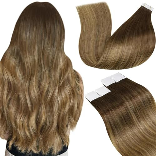 LaaVoo Extensions Echthaar Tapes Braun Ombre Echthaar Tape Extensions Hellbraun Blond Balayage Tape in Extensions Echthaar Remy Menschlichem Haar 20PCS #6/8/14 50g 50cm