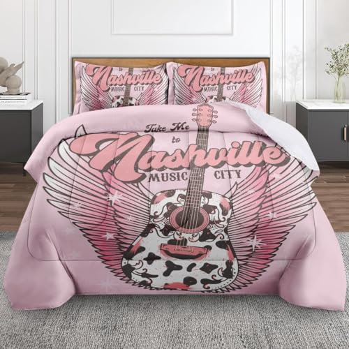 Nesphy Music City Country Bettwäsche-Set Cowgirl-Gitarre, Retro-Bettwäsche-Set, 3-teilig, für alle Jahreszeiten, weich, für Kleinkinder, Kinder, Erwachsene, Schlafzimmer, Bettdekoration, Bettdecke und