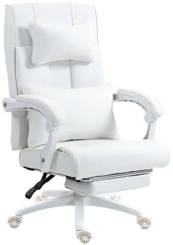 Dowinx Fauteuil de bureau ergonomique avec repose-pieds - Vertèbres lombaires réglables et appuie-tête - Chaise de bureau ergonomique pivotante avec dossier haut - 150 kg (blanc)