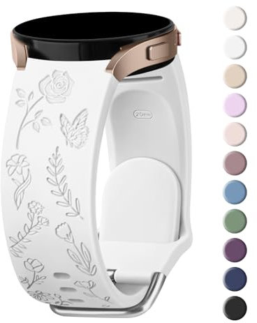 Oumida Bracelet Coloré Fleur Gravée pour Samsung Galaxy Watch 6 40mm 44mm, 6 Classic 43mm 47mm, 5/4/3/Active - Silicone 20mm (Blanc)
