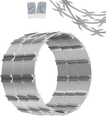 LMYYGOO 345 FT Razor Wire, Concertina Wires, 7 Rolls,Silver, with a Warning Sign