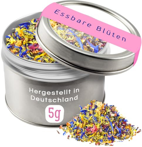 Essbare Blüten, 5g Bunter Blütenmix in der Dose zum Dekorieren und Verfeinern. Mit Rosenblüten, Ringelblumenblüten, Lavendelblüten und Kornblumenblüten.