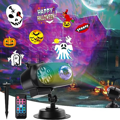 Proiettore di Halloween, Luci di Natale Proiettore con telecomando Lampada di proiezione LED esterna interna con 14 modelli commutabili 10 colori Effetto d'onda d'acqua per Natale Halloween Feste