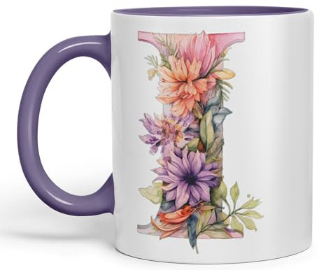 Vixar Letter I Mug, Floral Flowers Butterfly Alphabet Letter I Monogram Watercolour Ceramic Coloured Mug Cup for Tea Coffee Hot Brew 330ml 11Oz Gift (Purple)