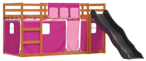 vidaXL Wooden Bunk Bed with Slide & Pink Curtains - Loft Frame - Pine Wood - 90x190 cm
