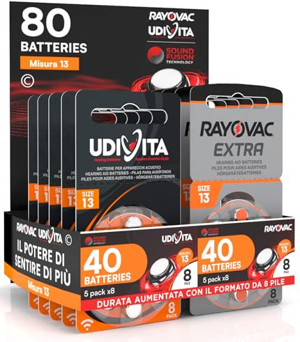80 Hörgerätebatterien Größe 13 PR48 (Orange) Sound Fusion Technology Hearing Evolution – 80 Batterien: 40 Udivita + 40 Rayovac