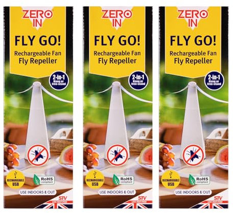 Zero In Fly Go! Fly Repellent Fan - 3 Pack - USB Rechargeable Fly Fans for Tables, Spinner Away Flying Pests, Perfect Outdoor & Indoor Deterrent for Dining, Barbecues and Picnics