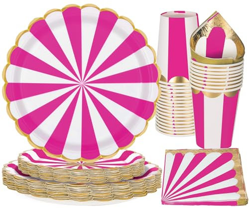 PARTY GO Lot de 96 pièces de vaisselle de fête à thème - Pêche et Blanc Rayé - Thème Cirque - Accessoires de Fête d'Anniversaire - Accessoires de Fête (24 Invités)