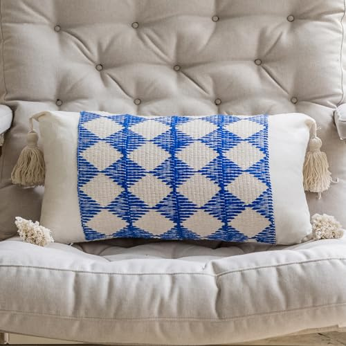 vctops Buffalo Plaid Kariert Baumwolle Leinen dekorative Wurfkissenbezüge mit Quasten 30,5 x 50,8 cm Bauernhaus-Kissenbezüge Makramee gewebt blau und weiß Kissen für Couch Sofa (blau kariert, 30,5 x