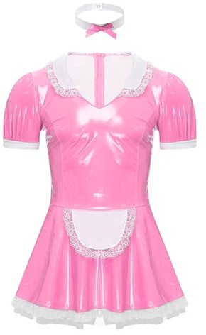 FEESHOW Herren Dienstmädchen Kostüm Latex Lack Optik Kleid Und Halsband Karneval Halloween Kostüm Männer Putzfrau Cosplay Outfit