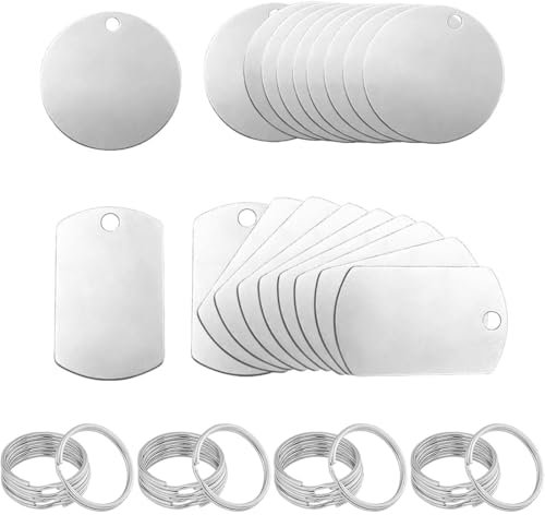 Bangbobi 20 Stück Edelstahl Anhänger Rohlinge Set - Hundemarke & Schlüsselanhänger blanko, DIY Making Kit, Runde & Eckige Dog Tags