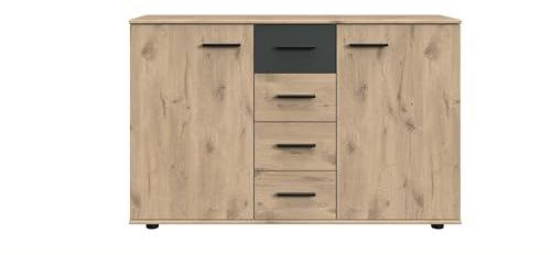 möbelando Kombikommode >Budapest< in Viking-Oak Nachbildung mit Graphit-Absetzungen – 130 cm breit, 83 cm hoch, 41 cm tief, 2 Türen, 4 Schubladen, 2 Einlegeböden, zerlegt geliefert