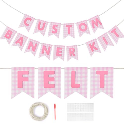 Custom Banner Kit, 28 Pink Printed Burlap Flags, Pink Felt Letters Numbers, Twine String & Needle, DIY Customizable Personalized Banner for Party Decoration
