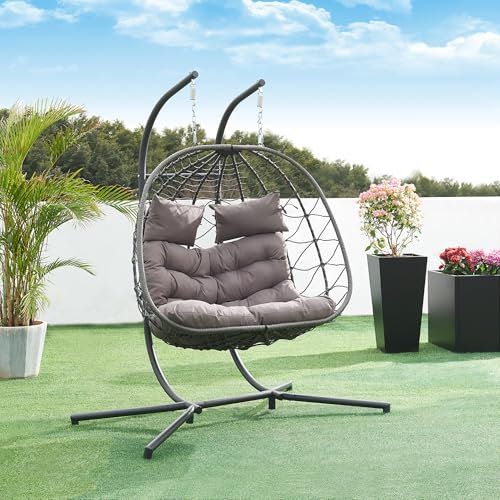 [en.casa] Hängesessel mit Gestell Skense für 2 Personen Outdoor Schaukelsessel mit Kissen max. 220 kg Balkon Indoor Hängeschaukel Polyrattan Hängestuhl Grau
