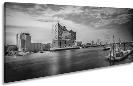 Leinwandbild Abendlicht küsst Hamburgs Hafen mit goldener Eleganz. Panorama 120x60cm Effekt: Schwarz&Weiß XXL Kunstdruck Bild auf Keilrahmen/Wandbild/Wohnzimmer Dekoration