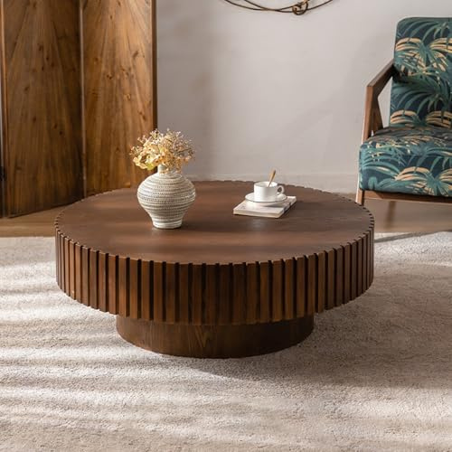 Couchtisch aus rundem Holz, moderner, einzigartiger geriffelter Teetisch, zeitgenössischer Drum Circle Akzenttisch for Wohnzimmer, kleine Räume, Wohnungen(B,80cm)