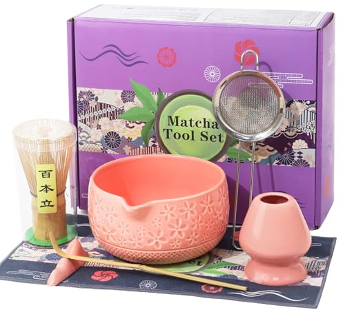 Wdmiya Kit Te Matcha de Cerámica 7 Piezas, Matcha Set Completo | Kit Matcha con Cuenco de Matcha, Cuchara, Colador, Batidor, Portacucharasy Soporte para la Batidora, Regalo para Navidad