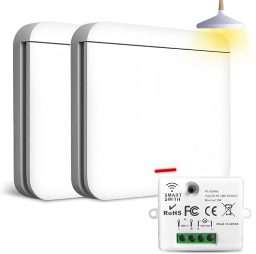 Ghekkli 433Mhz Interrupteur D'éclairage Sans Fil, Interrupteur Va et Vient Sans Fil avec Récepteur- 2200W/10A, Commutateur Mural Intelligent sansFil (Kit 2 interrupteurs + 1 récepteurs)