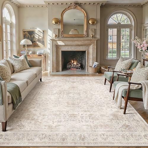 PureCozy Teppich Wohnzimmer 300x400cm Waschbarer Vintage Beige Tepich | Weich Kurzflor Groß XXL Carpet, Rutschfest, Leicht, Schlafzimmer, Esszimmer, Büro, Kinderzimmer