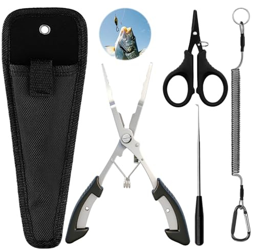 KASURE Portable Long Nose Fishing Pliers Set, Include Needle Nose Fishing Pliers, Fish Hook Remover, Stainless Fishing Scissors and Lanyard, Fishing Multitool for Saltwater Freshwater